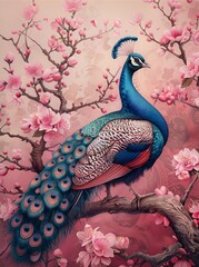 colorful peacock with pink flowers - 778484853