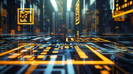 Vibrant digital landscape with floating QR codes and data lines..