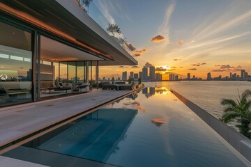 Luxurious modern villa with infinity pool on rooftop terrace, stunning view of Miami skyline at sunset
