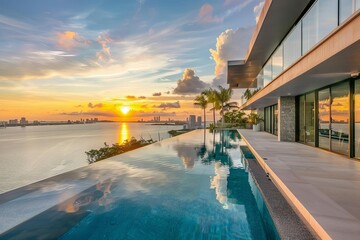 Luxurious modern villa with infinity pool on rooftop terrace, stunning view of Miami skyline at sunset