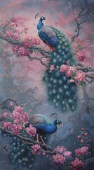 2 colorful peacocks with pink flowers - 778484885
