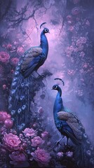 2 colorful peacocks with pink flowers
