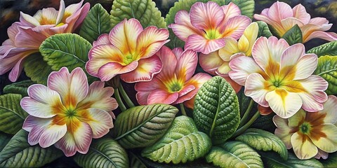 Beautiful Primroses flowers Painted With Oil Paint, Spring Background, Summer Flower Background