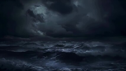 A dark stormy sea with waves under a night sky