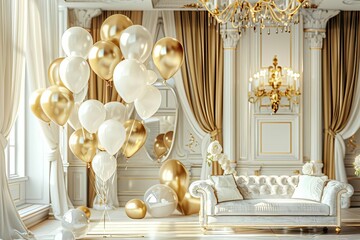 Elegant White and Gold Balloons Floating in a Luxurious Setting with Soft Lighting, Digital Painting