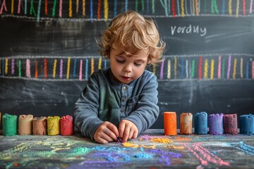 Young Child Playing With Crayons in Front of Chalkboard