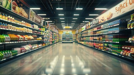 Interior view of a modern grocery store and customer, blurred background with bokeh light. AI generated illustration - obrazy, fototapety, plakaty