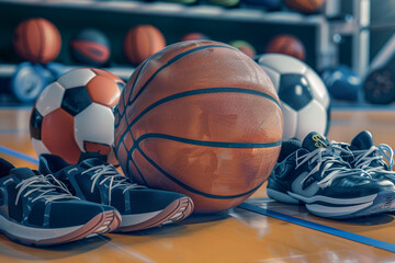 A dynamic, sports-themed school flyer background with various sports equipment like a basketball,...