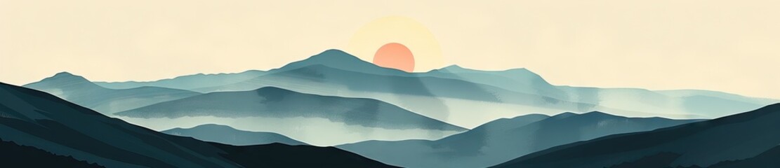 Creative minimalist hand painted illustrations of Mid century modern. Natural abstract landscape background. mountain, forest, sea, sky, sun and river. AI generated illustration - obrazy, fototapety, plakaty