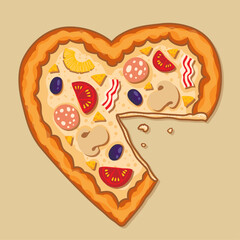 Heart-Shaped Pizza with One Slice Missing, Delightful Food Illustration. Paired t-shirt print - the second part is a mouse with a pizza.
Vector print for tshirt