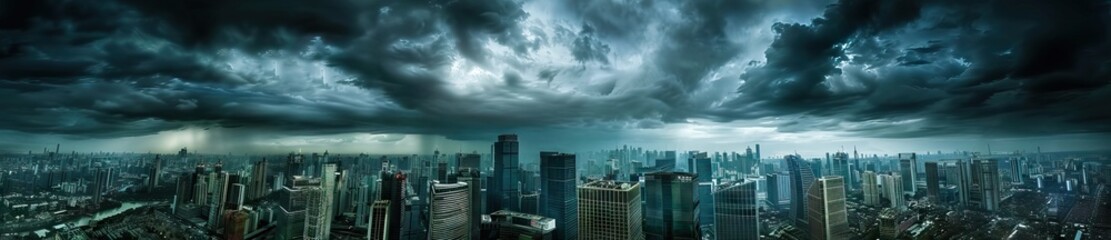 panoramic photo of an ominous city skyline, dark storm clouds overhead, skyscrapers towering over the urban landscape. AI generated illustration - obrazy, fototapety, plakaty