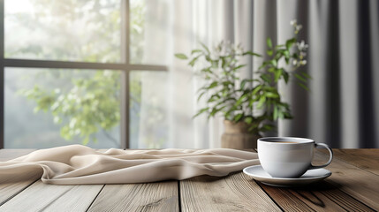 A white coffee cup on a saucer, on a wooden table with a cream fabric, beside a window with green plants and curtains.
