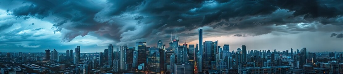 panoramic photo of an ominous city skyline, dark storm clouds overhead, skyscrapers towering over the urban landscape. AI generated illustration