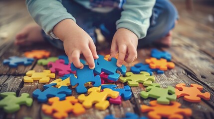 Child's hands placing colorful puzzle pieces on wooden floor. Autism concept - obrazy, fototapety, plakaty
