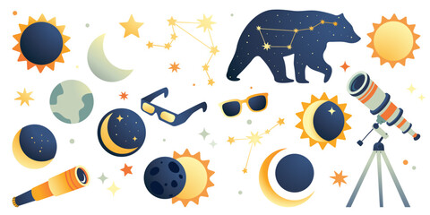 Set of Solar Eclipse elements. Vector flat style set of solar eclipse elements for infographic - moon, sun, stars, constellation. Cute illustration in flat style for kids education at school, stickers - obrazy, fototapety, plakaty