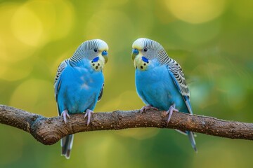 Two Green Parakeets Sitting on a Tree Branch