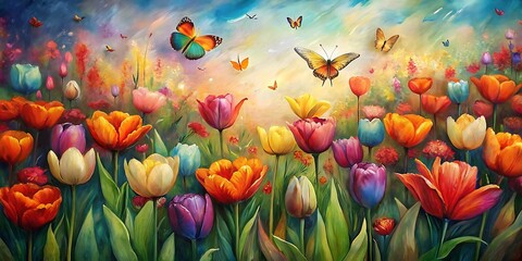 Fototapeta na wymiar Beautiful Tulips Oil Painting , Spring Flowers Background, Summer Floral Landscape, Tulips in Oil Paint, Seasonal Blossom Background