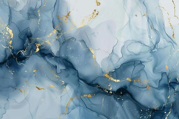 Abstract Blue and Gray Marble Texture with Gold Watercolor Accents and Ombre Effect, Digital Art Background