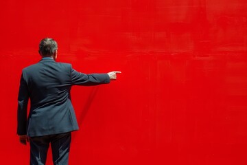 Man in Suit Pointing at Red Wall - obrazy, fototapety, plakaty
