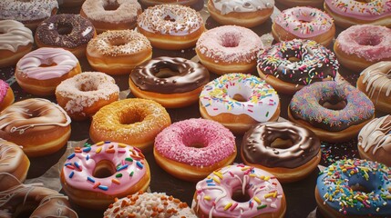 Assorted colorful doughnuts with different toppings. Delicious dessert variety concept, Close-up