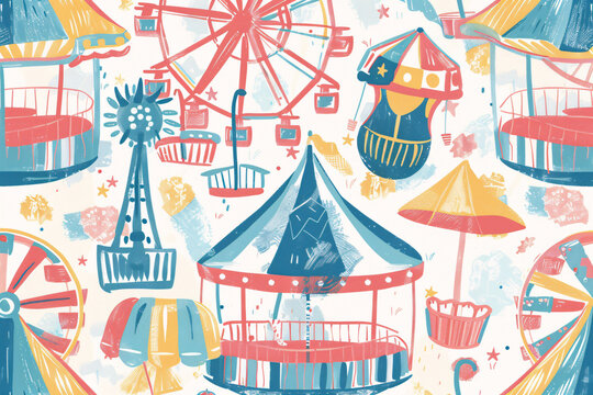 Colorful amusement park elements on a pastel background