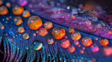 Macro close-up of beautiful color feathers with water drops.