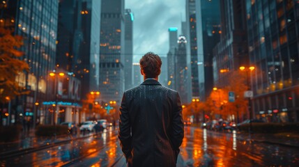 Rear view of a young businessman standing in the middle of a city street.