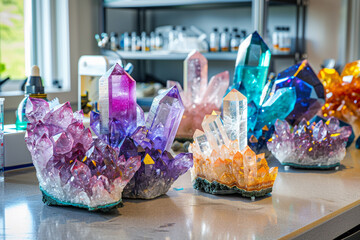 A photo of crystal growing kits with vibrant, formed crystals displayed on a bright, clean...