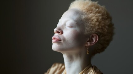 Portrait of a woman with albinism, eyes closed in peaceful expression. Studio shot with natural light and dark background. Artistic portrait photography for design and print