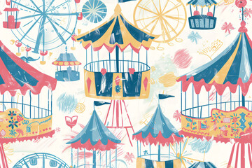 Fototapeta premium Colorful carnival pattern with ferris wheels and tents