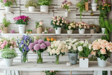 A lush display of assorted roses in various shades of pink, peach, and white, artfully arranged in vases at a bright flower market..