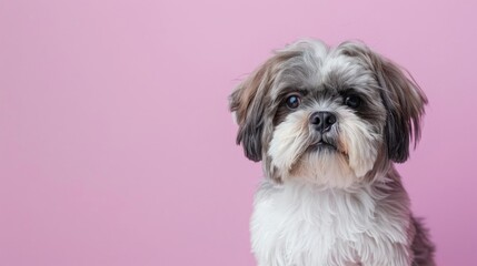 Photo portrait of a cute Shih Tzu dog on a pastel pink background, postcard place for text