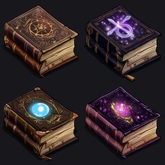 Ancient colorful magic book with mystic, precious stones, glowing alchemy symbols.
