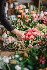 A florist is carefully handpicking fresh roses among a vibrant selection of flowers to create a custom bouquet in a charming flower shop..