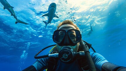 Naklejka na ściany i meble Underwater selfie with scuba diver and sharks in the ocean. Adventure and marine life exploration concept. Close-up view with a clear blue underwater background