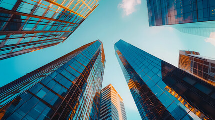 Modern glass skyscrapers, low angle view of office buildings in cityscape with blue sky background - obrazy, fototapety, plakaty