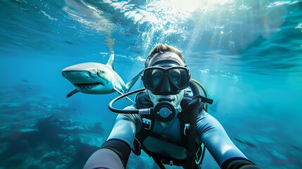 Underwater view of scuba diver taking a selfie with a great white shark. Exciting ocean exploration and shark encounter concept with clear visibility in tropical waters - obrazy, fototapety, plakaty