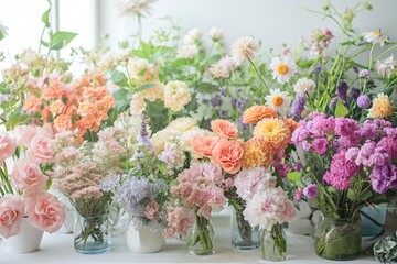A lush display of assorted roses in various shades of pink, peach, and white, artfully arranged in vases at a bright flower market.. - obrazy, fototapety, plakaty