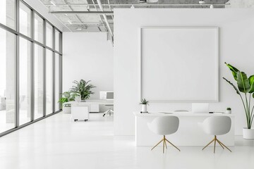 Minimalist White Open Space Office Interior with Blank Wall and Modern Furniture, 3D Rendering