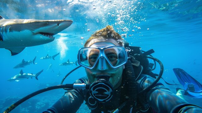 Scuba diver taking a selfie with a shark in clear blue ocean waters. Underwater adventure and marine wildlife photography concept. Close-up shot with natural underwater lighting