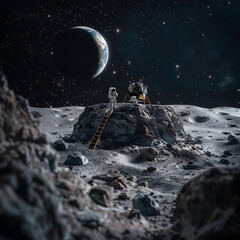 Historic Representation of Moon Landing Moment with Lunar Landscape and Earth in Horizon - obrazy, fototapety, plakaty