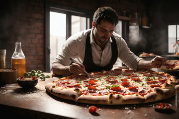 A man making pizza. For food market or restaurant. Background for design, print, card, banner, poster, flyer, advertising, wallpaper, menu.