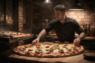 A man making pizza. For food market or restaurant. Background for design, print, card, banner, poster, flyer, advertising, wallpaper, menu.