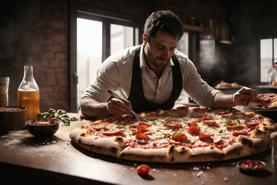 A man making pizza. For food market or restaurant. Background for design, print, card, banner, poster, flyer, advertising, wallpaper, menu.