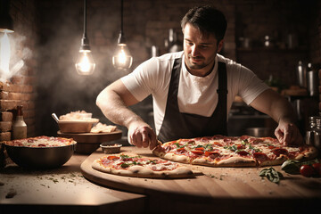 A man making pizza. For food market or restaurant. Background for design, print, card, banner, poster, flyer, advertising, wallpaper, menu.