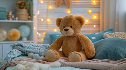 Brown Bear Sitting on Top of a Bed