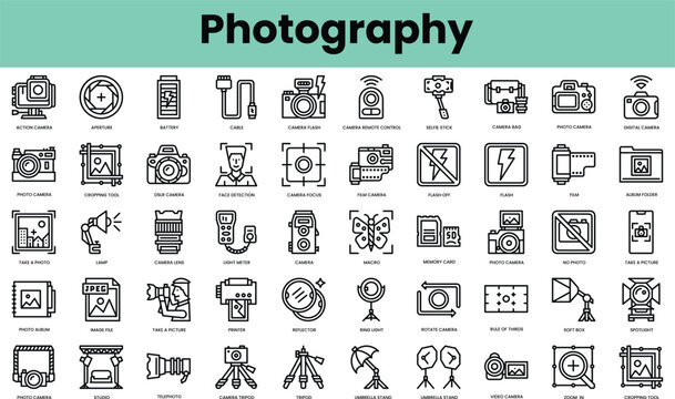 Set of photography icons. Linear style icon bundle. Vector Illustration