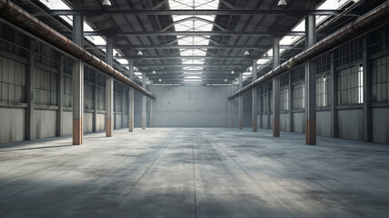 Obraz premium A large empty warehouse with tall windows lining the upper walls. Sunlight streams through the windows