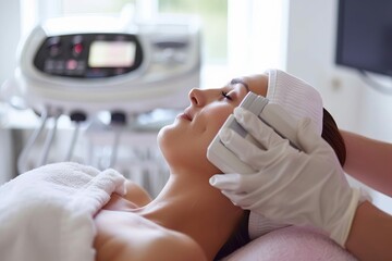 Woman receiving radio frequency skin tightening treatment in beauty clinic, high angle view