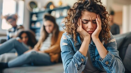 Stressed young woman with friends in the background. Social pressure and anxiety concept. Suitable for mental health and social issues content